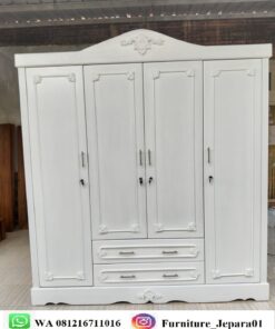 Lemari Pakaian 4 Pintu Mewah Ukir Elegant Putih